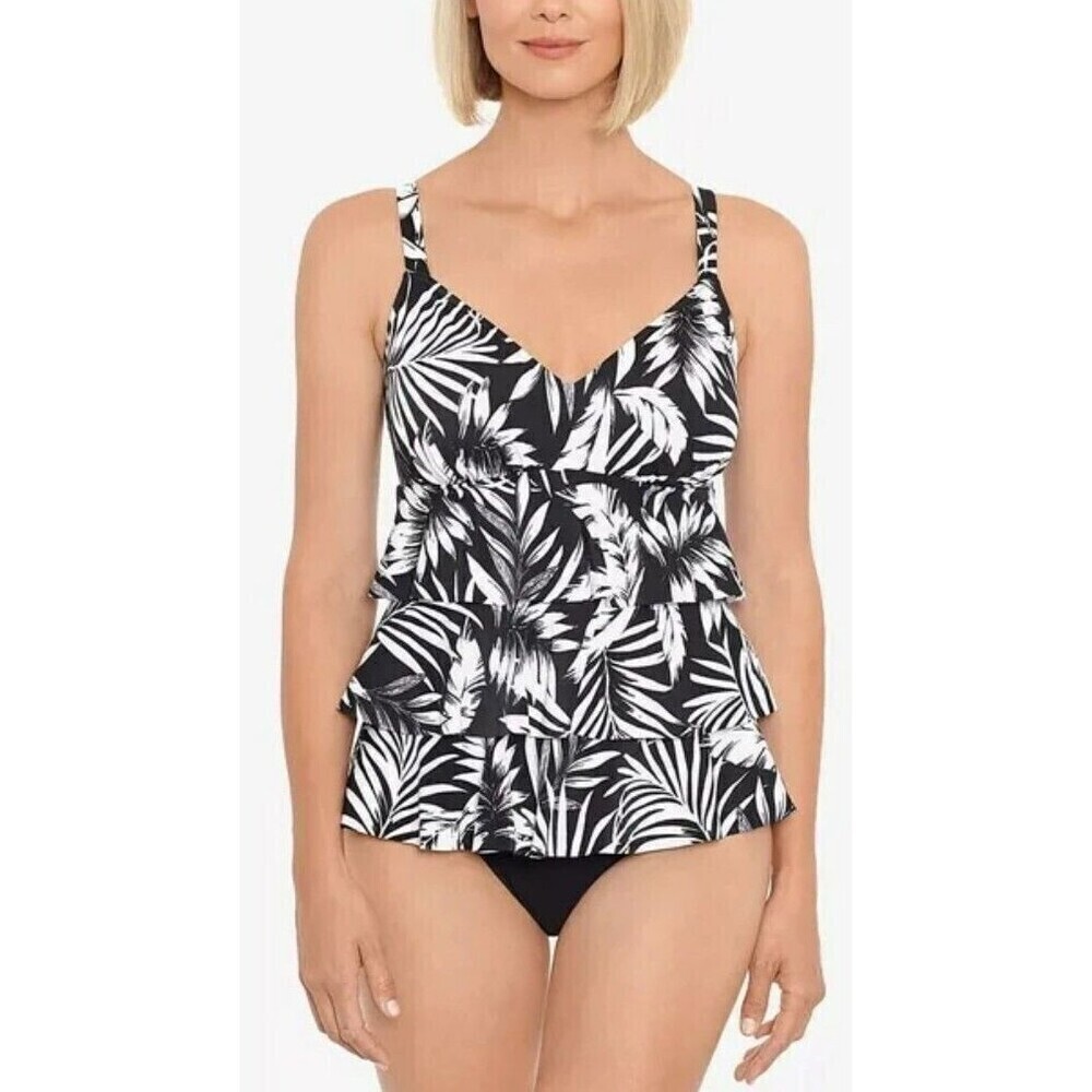 Swim Solutions Feather Bloom Black White Triple Tier One Piece Swimsuit Sz 8